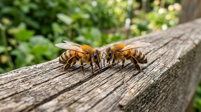 Two honeybees resting on weathered wooden log in natural setting with