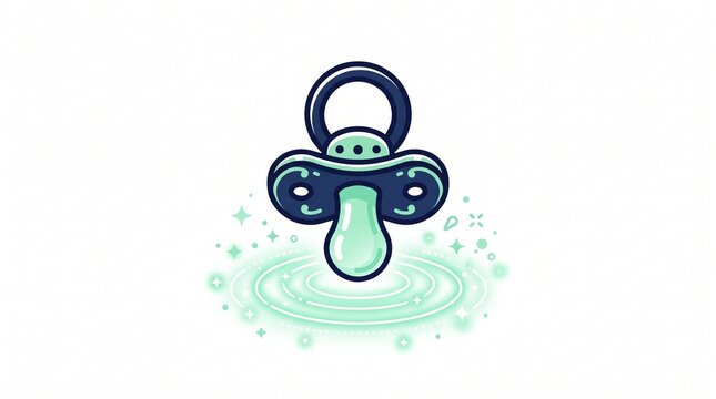 Silicone baby pacifier hovering above glowing green ripple with sparkles, flat vector illustration on white background, infant soothing and baby essentials concept