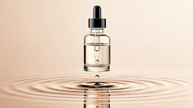 A clear dropper bottle releasing a droplet into a rippling water surface against a soft beige background.