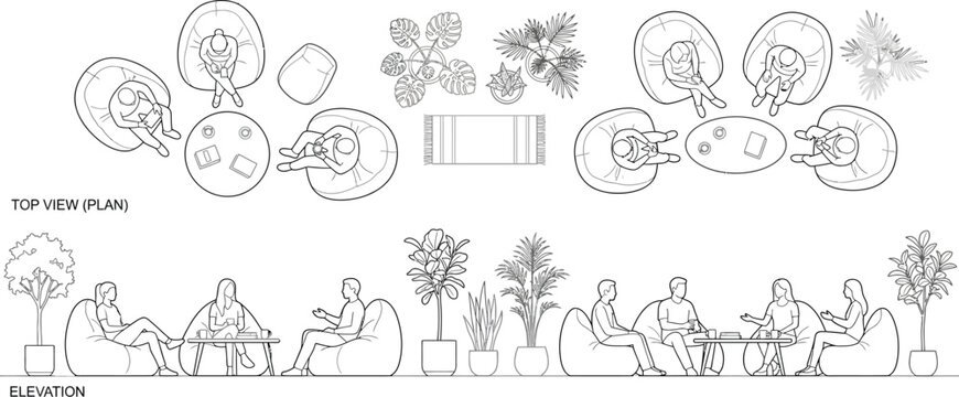 CAD architectural drawings isolated on transparent background featuring people in lounge area with bean bags and potted plants for interior design
