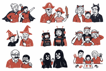 Obraz premium Family Costume Party Linocut Icon Set