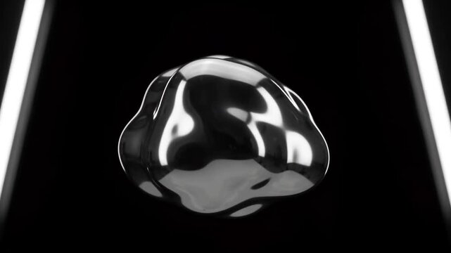 Chrome liquid metal blob floating and rippling on black
