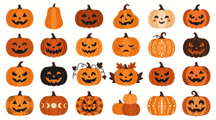 Obraz premium Large Collection of Flat Halloween Pumpkin Icons featuring Scary and Cute Jack-o'-lantern Faces, Autumn Leaves, and Spider Web Patterns isolated on White for Festive Digital Marketing Assets.
