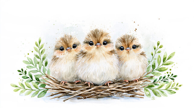 Three fluffy baby birds sit closely together in a nest made of twigs, surrounded by green leaves on a white background.
