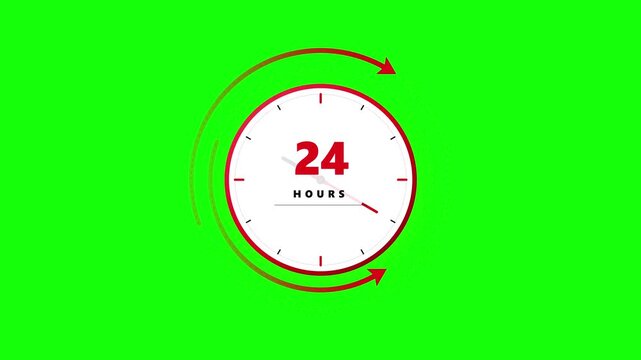 Twenty four hours service clock icons rotating on green screen