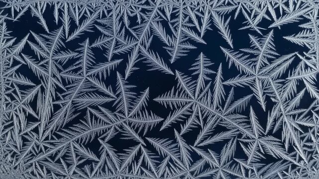 Frost crystals spreading across a window at night