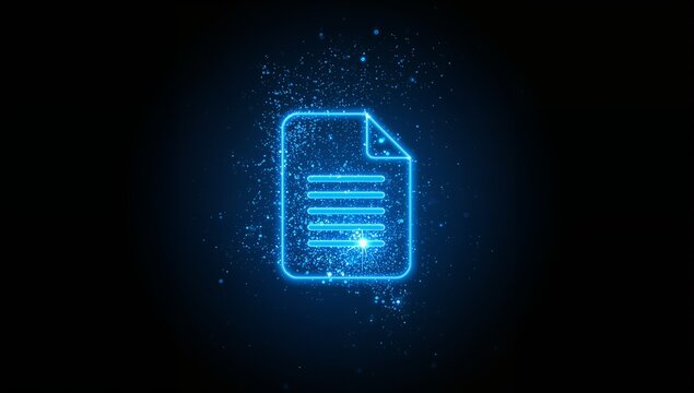 Digital Document Icon with Glowing Blue Outline and Sparkles on Dark Background