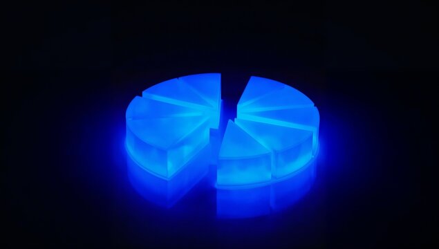Glowing Blue 3D Pie Chart with Illuminated Sections on Dark Background