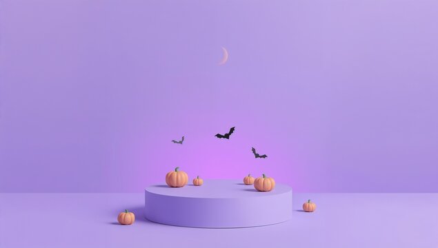 Minimalist Halloween themed scene with pumpkins, bats, and moon on purple background