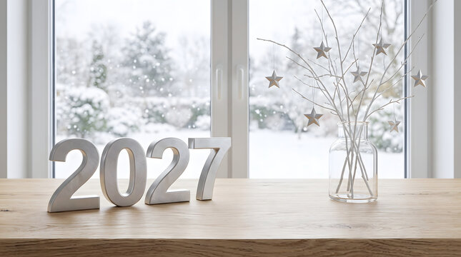 Silver 2027 numbers on a wooden table with a snowy window view for happy new year