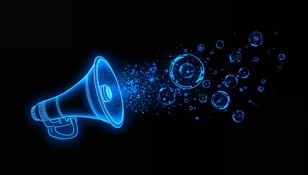 Digital Neon Megaphone with Particle Effects for Communication or Announcement