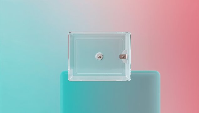 Small clear safe with lock on pastel blue and pink background for security storage