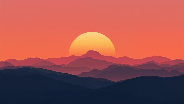 Sunset over Mountain Ranges with Colorful Sky and Gradient Hues