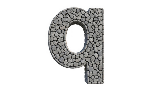 Lowercase letter q made of small grey cobblestone texture isolated on transparent background