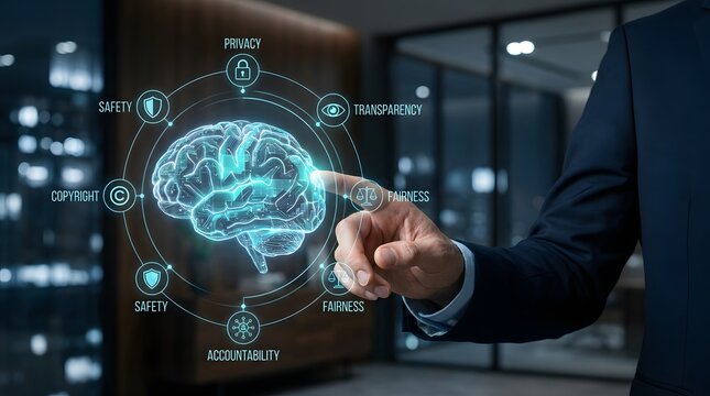 Businessman touching digital brain interface for artificial