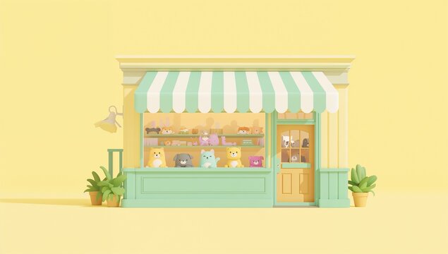 Cute Animal Plush Toy Shopfront with Green and Cream Striped Awning and Decorative Plants