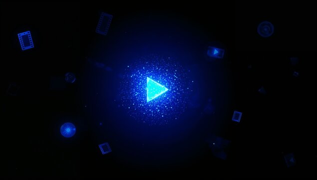 Digital Media Play Button Icon Surrounded by Light Particles and Tech Elements