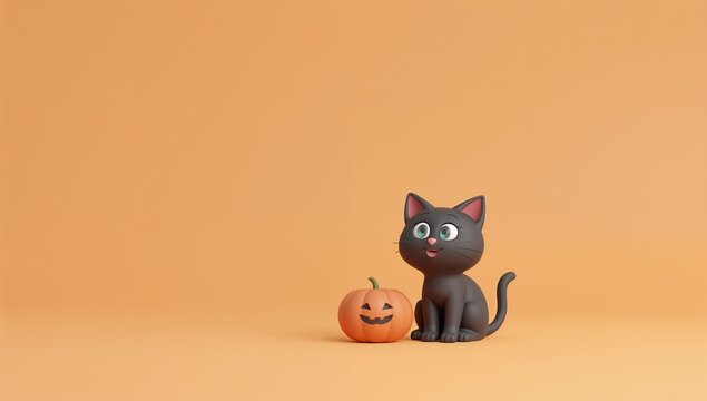 Cute Cartoon Black Cat with Pumpkin on Soft Orange Background for Halloween