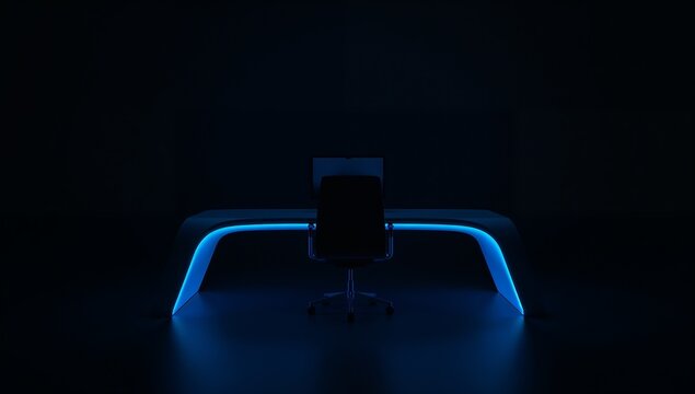 Modern minimalistic office desk setup with ambient blue lighting and ergonomic chair in dark room