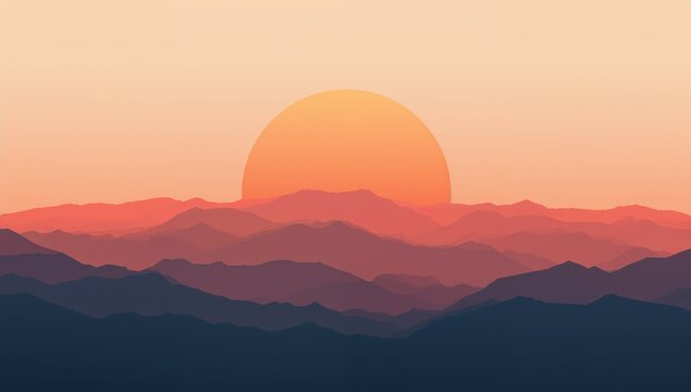 Sunrise Over Mountain Range with Soft Pink and Orange Sky and Silhouetted Peaks