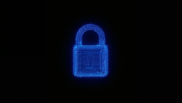Digital Blue Lock Icon on Black Background Representing Security and Data Protection