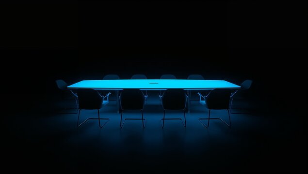 Futuristic Conference Room with Illuminated Black Table and Modern Chairs in Dark Environment