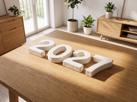 White ceramic numbers representing twenty twenty seven sitting on a wooden table in bright room with numbers 2027 arranged inside bright modern arrangement