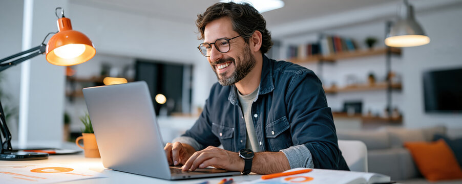 Smiling man working on laptop at home office desk with warm lamp and creative focus