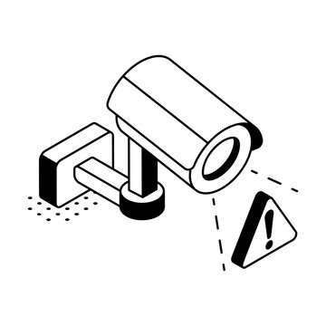 Isometric illustration of a security camera with an alert sign, representing monitored surveillance, threat detection, and protected premises.