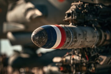 Fototapeta premium Missile attached to an air force fighter jet wing, representing defense and war