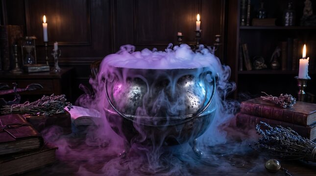 Magical witch cauldron overflowing with mysterious purple and blue glowing smoke in a dark candlelit ancient library setting