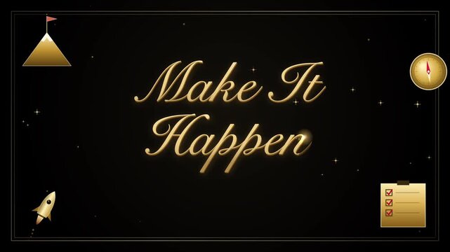 Motivational Golden Typography Design Featuring Success Icons on Dark Background