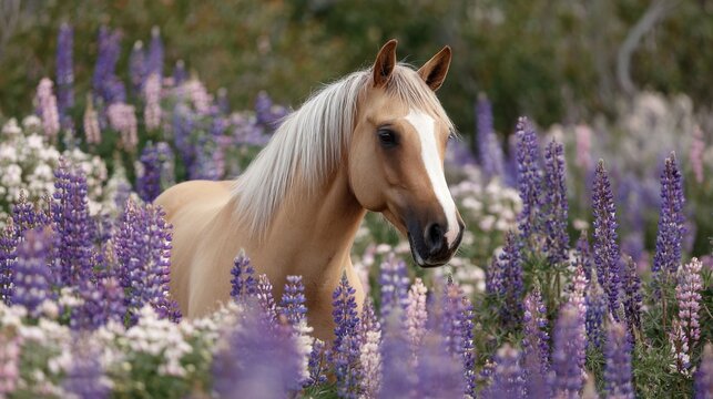 Portrait of a beautiful palomino horse standing among vibrant purple lupine flowers in a peaceful spring meadow, elegant golden coat, natural equine beauty, wildflower landscape and countryside wildli
