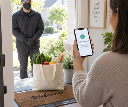 Grocery delivery service professional drops off fresh produce bag to female customer showing order confirmation on smartphone screen at residential front entrance