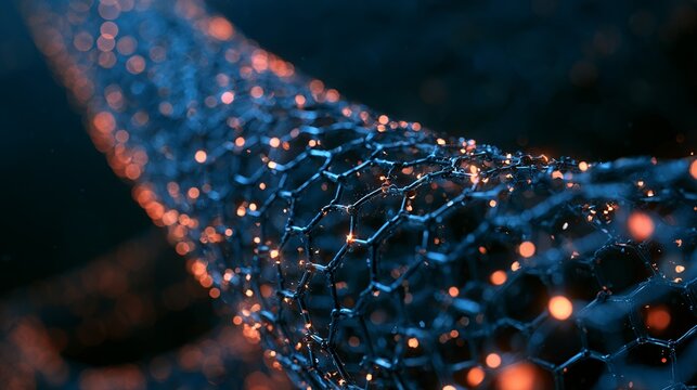 Glowing futuristic carbon nanotube structure appears against a dark, mysterious background, ideal concept for science and technology