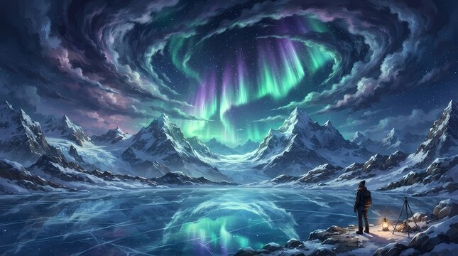 Aurora borealis over snowy mountains with lone observer for travel marketing and creative projects