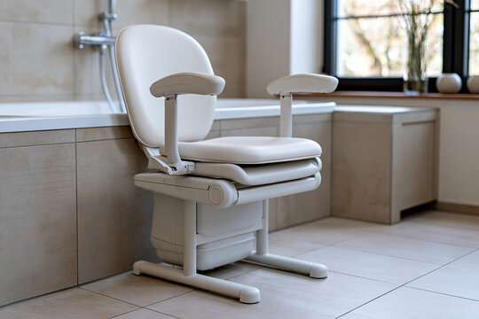 Bath lift chair providing essential accessibility and independence for seniors, people with disabilities, and individuals needing mobility assistance in a modern bathroom, copy space