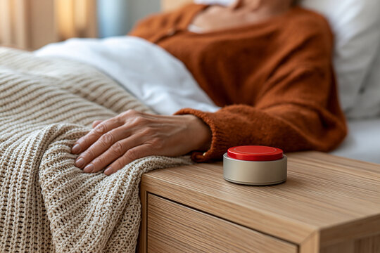 Senior woman in bed resting hand near a red emergency medical alert button, representing at home healthcare assistance and safety for elderly individuals