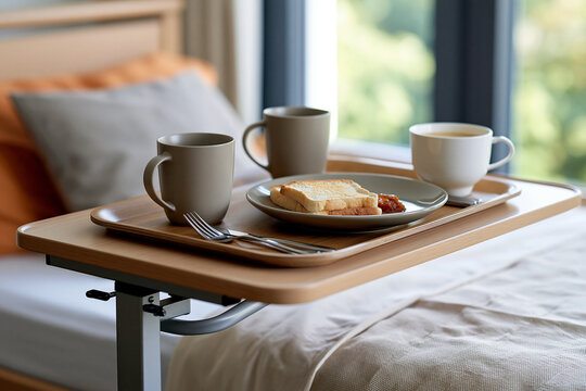 Breakfast tray on an adjustable bedside table in a hospital room, offering nourishing food and drinks for patient recovery, comfort, and well being