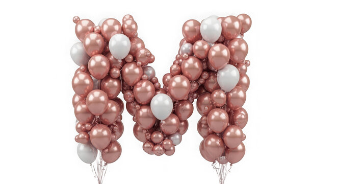 Letter M made of rose gold and white balloons isolated on transparent background