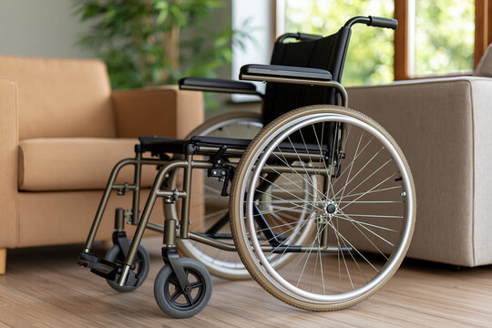 Empty wheelchair in a modern home living room, symbolizing disability, mobility assistance, accessibility, healthcare, rehabilitation, and independent living support