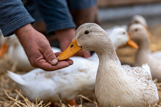 Farmer's hand gently offering food to a domestic duck with an orange beak, symbolizing care, interaction, and animal welfare on a rural farm setting
