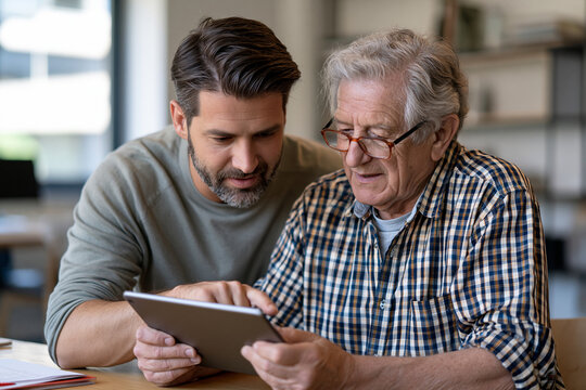 Adult son teaching elderly father how to use digital tablet, sharing technology, learning new skills, and connecting multigenerationally indoors