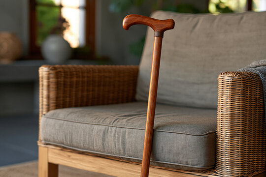Wooden walking stick leaning against a comfortable wicker armchair with a gray cushion, symbolizing senior care, support, aging gracefully, and home comfort, copy space