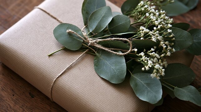Wrapped brown package beautifully adorned with fresh eucalyptus leaves and small white flowers, a rustic gift concept