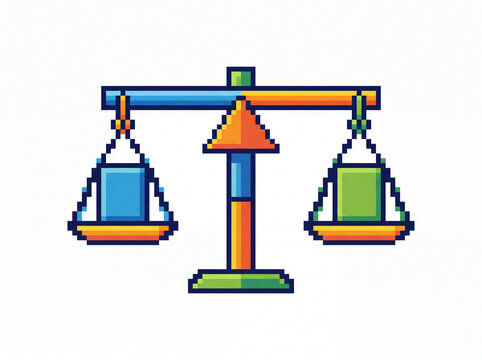 Pixel art scales of justice icon representing balance and law