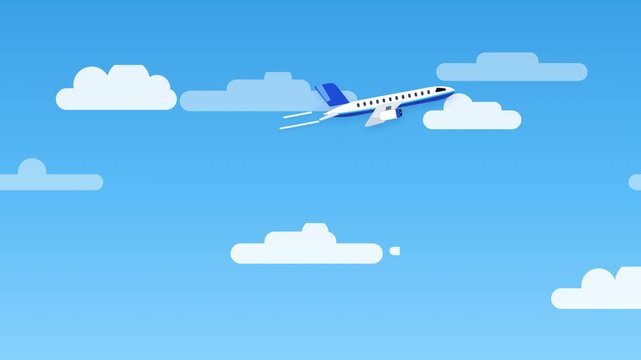 Animated flat design airplane flying through clouds in blue sky