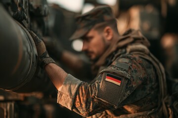 Fototapeta premium German soldier in camouflage uniform working on military equipment