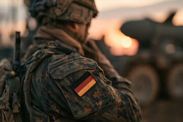 Fototapeta premium German soldier wearing flag patch on camouflage uniform with military vehicle