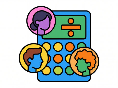 Calculator with diverse people icons representing division of labor
